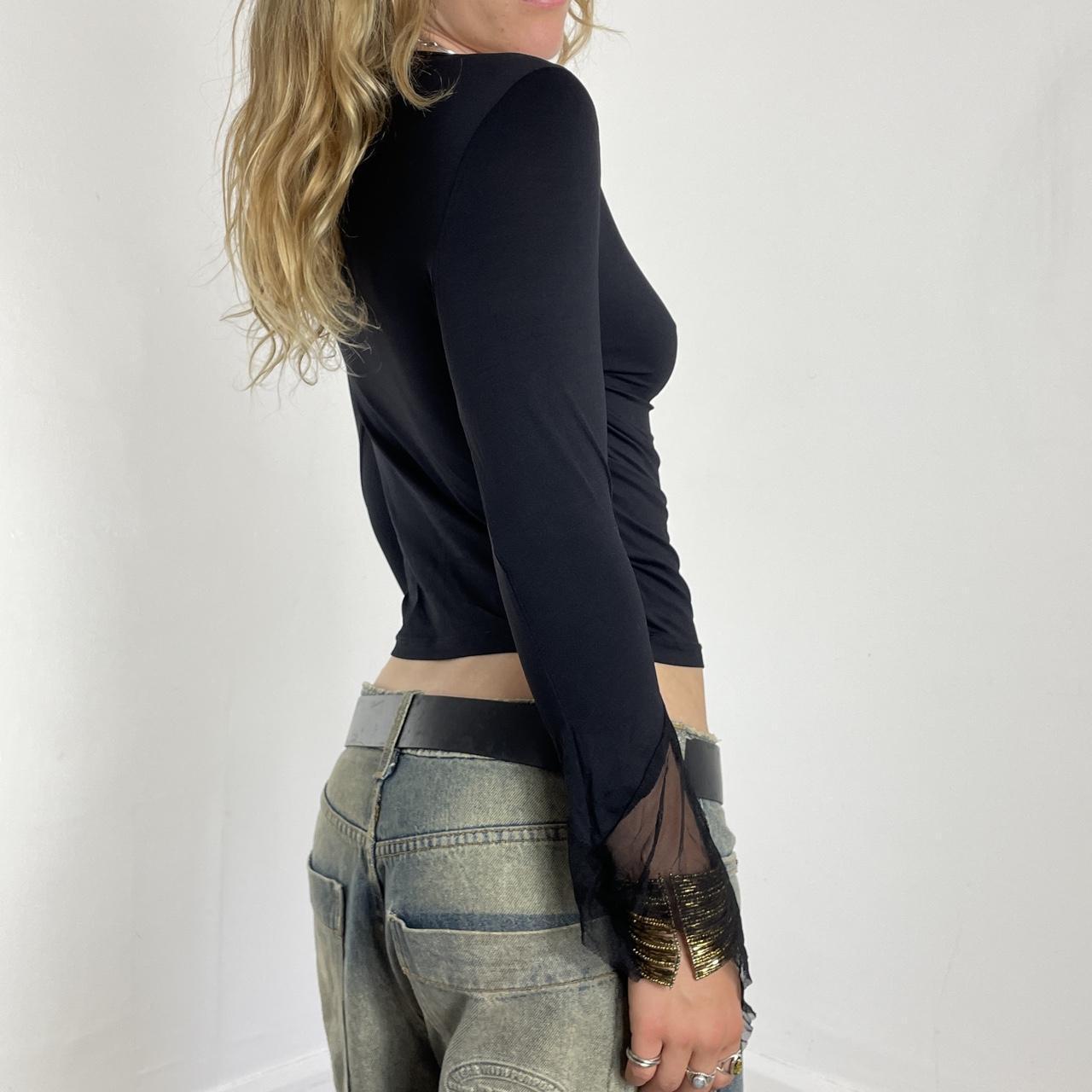 Black boatneck long sleeve mesh top