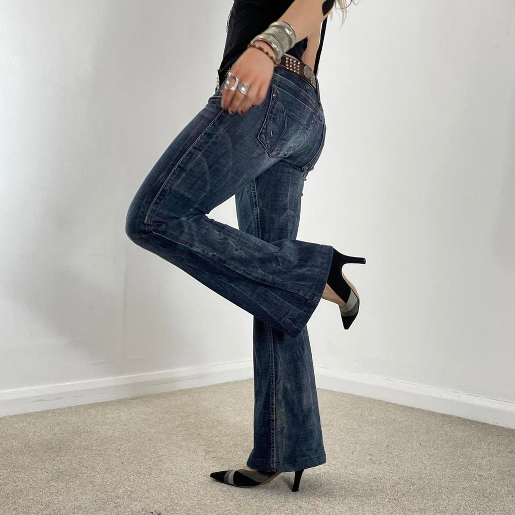 Y2K Miss Sixty lowrise bootcut jeans navy raw wash with contrastiching and embelishments