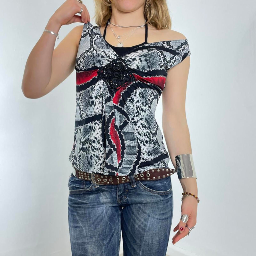 Vintage black and red snake print multi-layered halterneck top