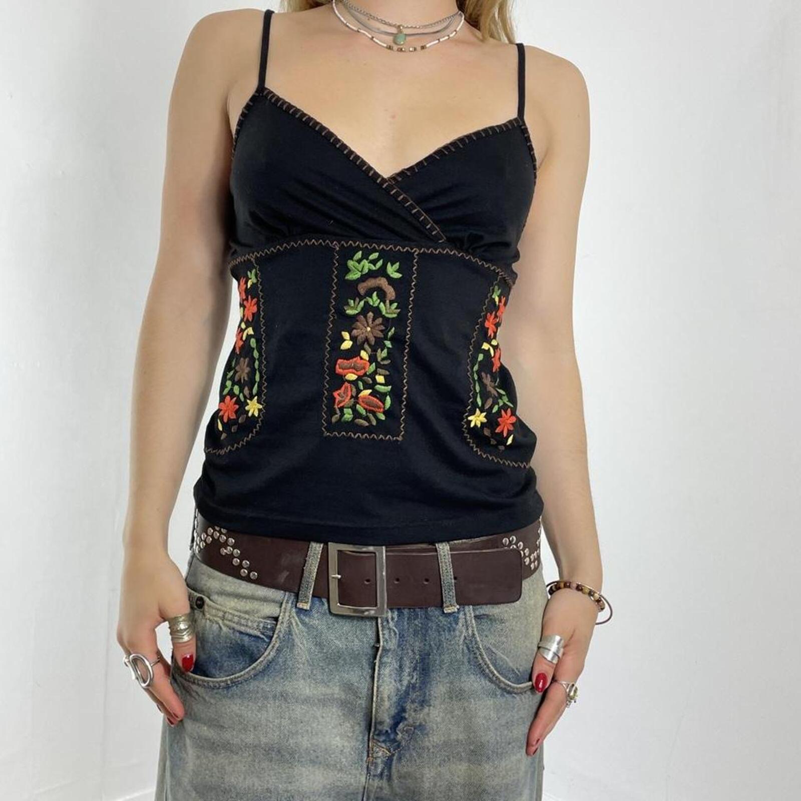 Black embroided floral cammi top