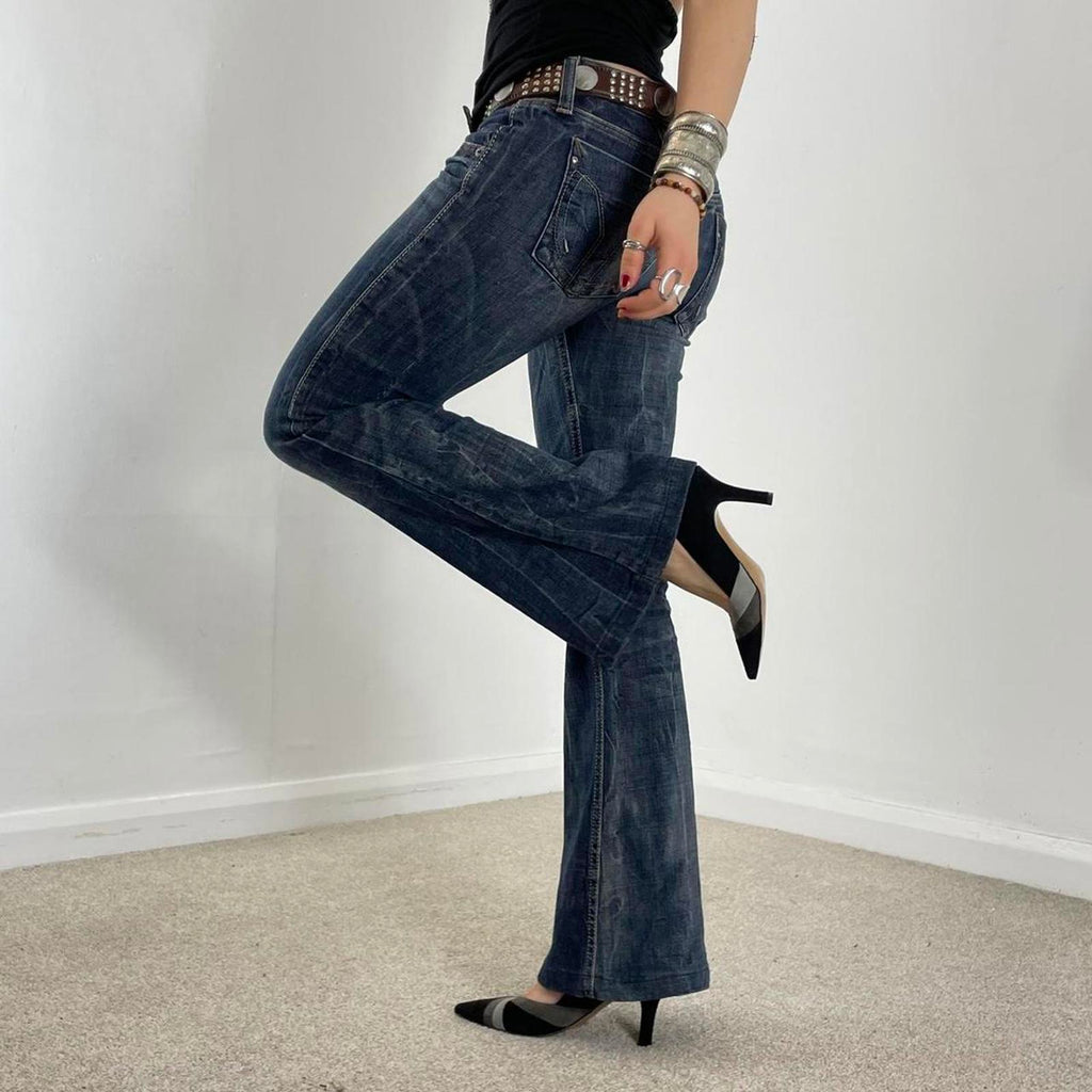Y2K Miss Sixty lowrise bootcut jeans navy raw wash with contrastiching and embelishments