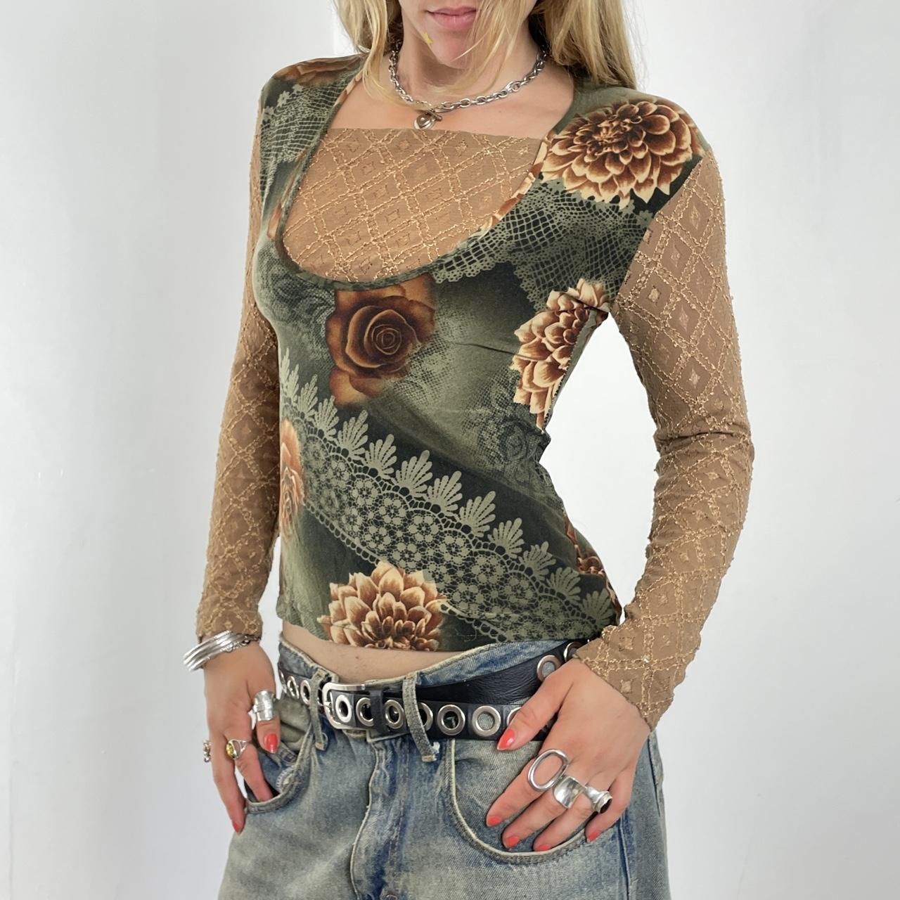 Vintage long sleeve floral print top with cream lace sleeves