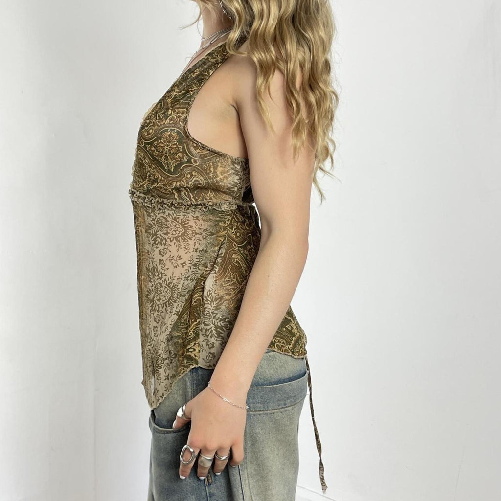 Mesh green and brown print blouse with a tie in the back