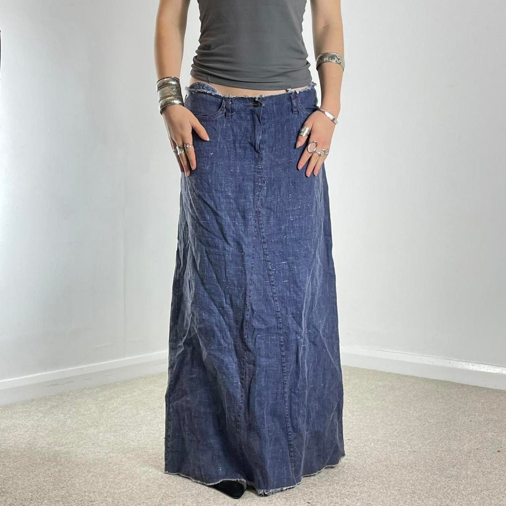 Navy blue loose flowy maxi skirt with a raw hem