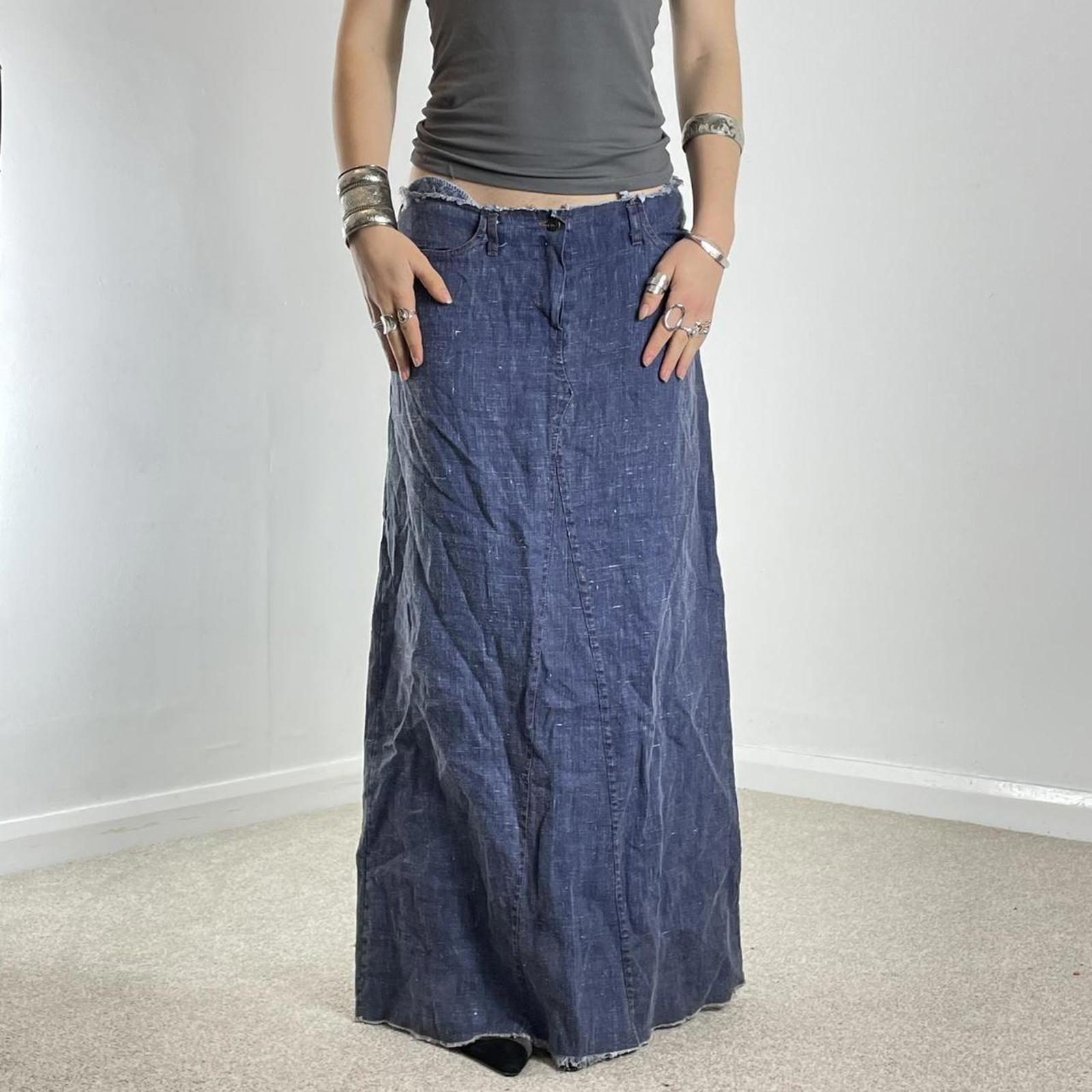 Navy blue loose flowy maxi skirt with a raw hem