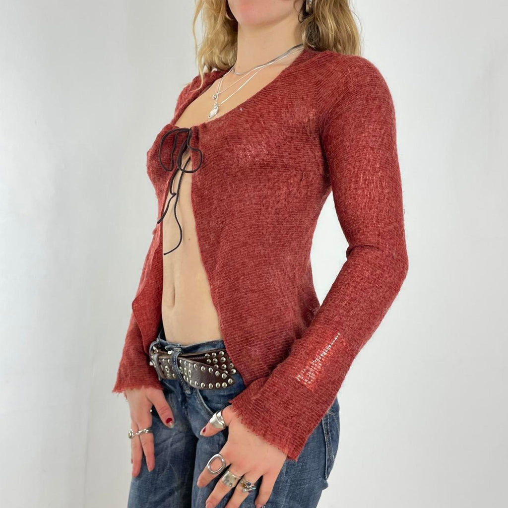 00's burnt orange long sleeve cardigan tie up top
