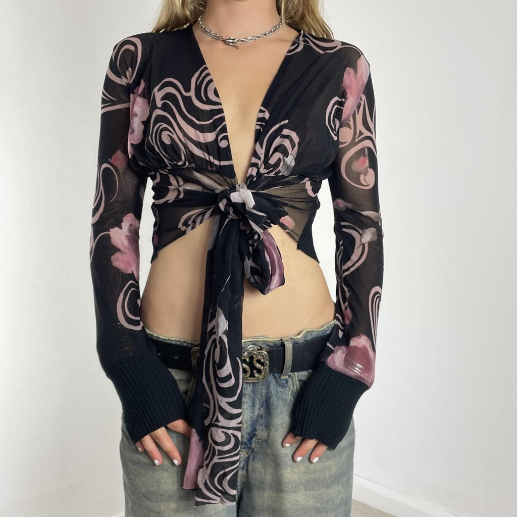 Graphic long-sleeve mesh tie-up top