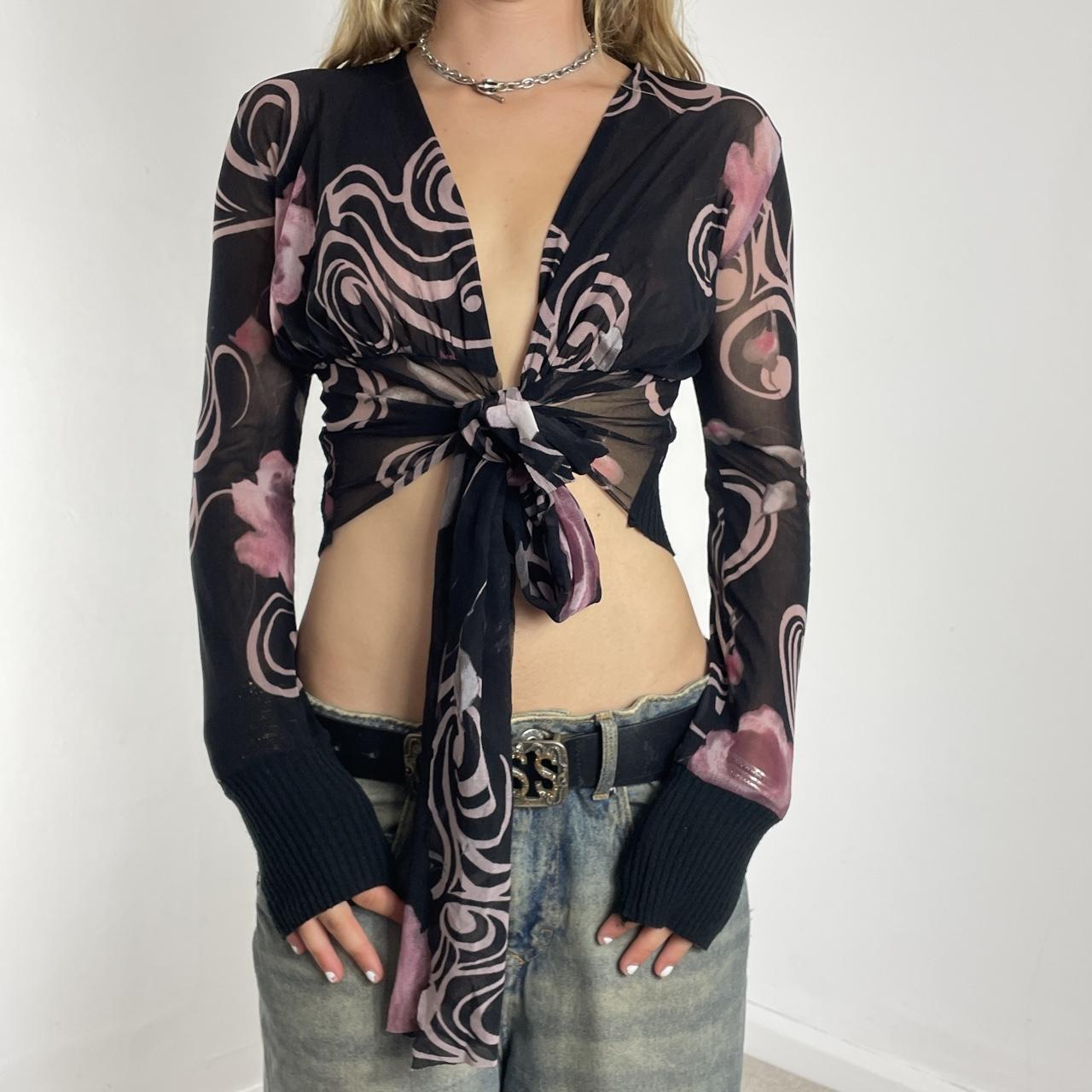 Graphic long-sleeve mesh tie-up top