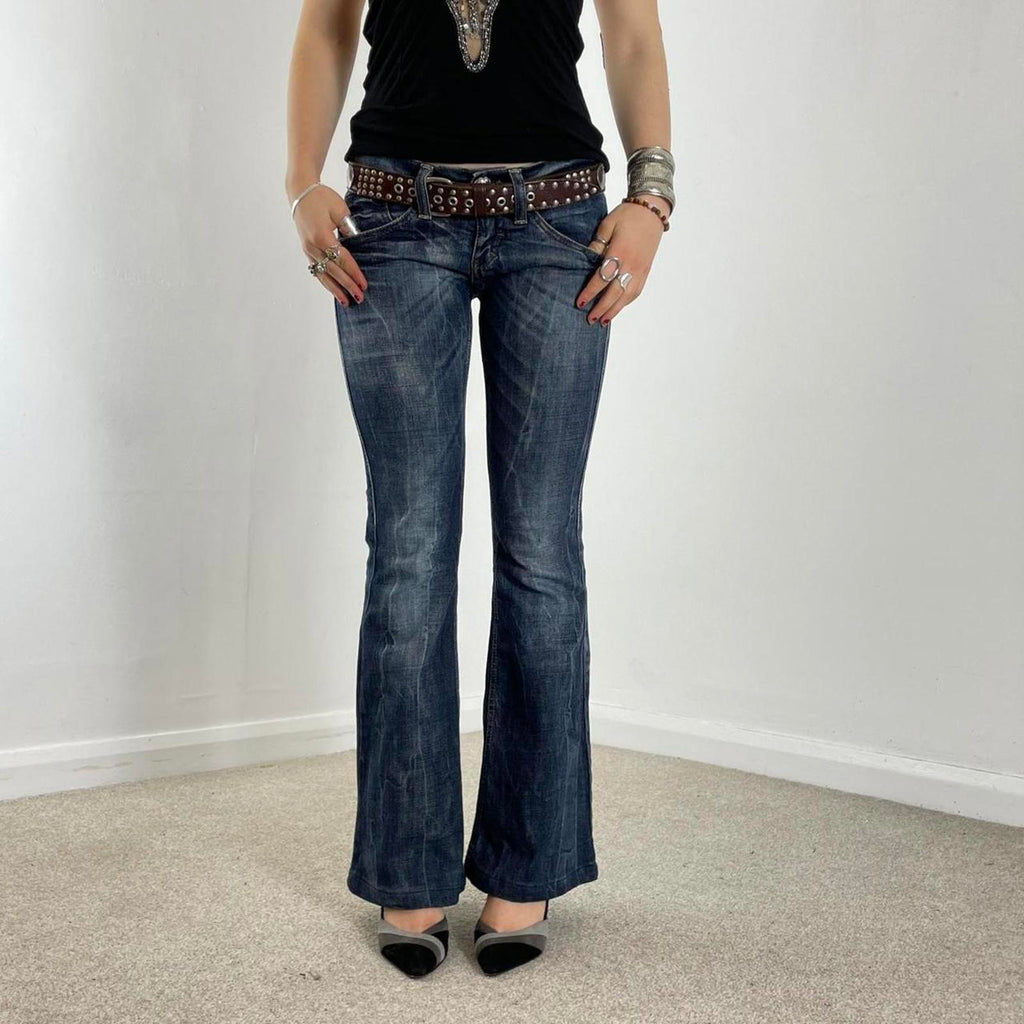 Y2K Miss Sixty lowrise bootcut jeans navy raw wash with contrastiching and embelishments