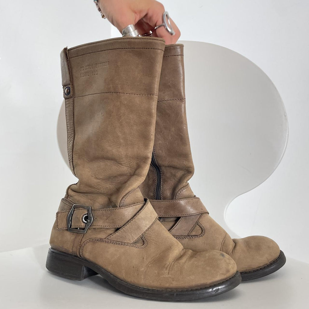 G - Star Raw chunky buckled brown leather biker boots