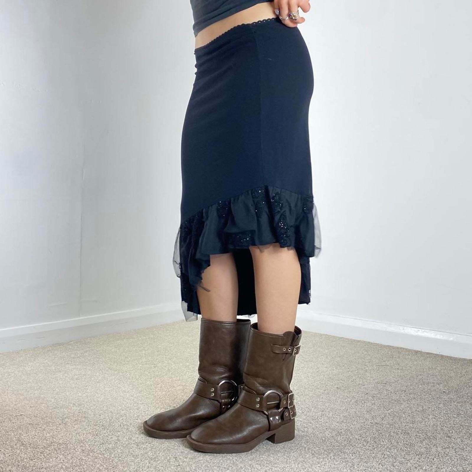 Vintage black asymetrical midi skirt sequined mesh details