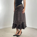 Vintage purple denim maxi skirt with embroided sequin mesh details at the bottom