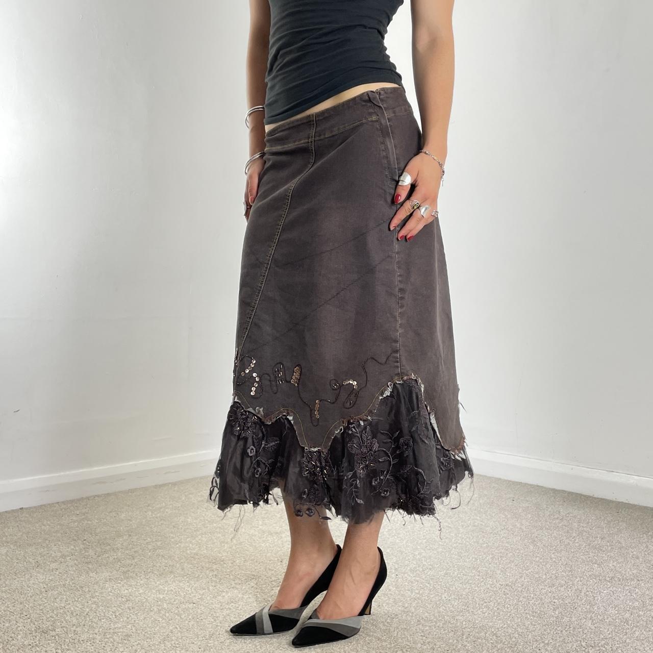 Vintage purple denim maxi skirt with embroided sequin mesh details at the bottom
