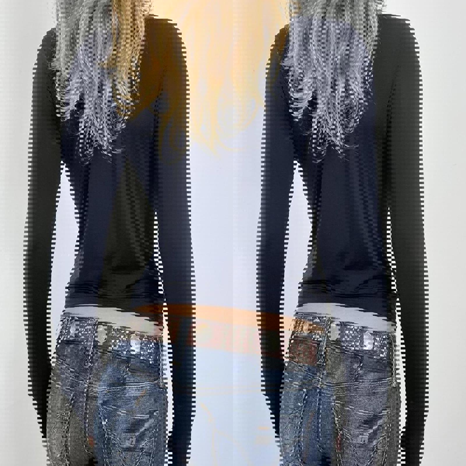 00's black slinky boat neck long sleeve top