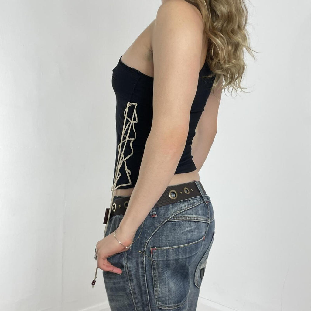 Black one shoulder embellished top with a tie up the side