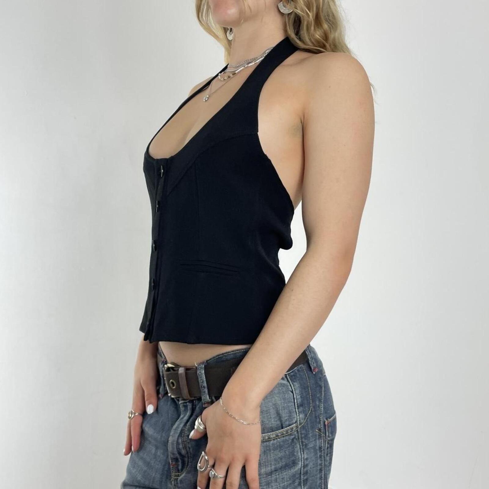 Black Denny Rose panelled waistcoat with a logo on the side