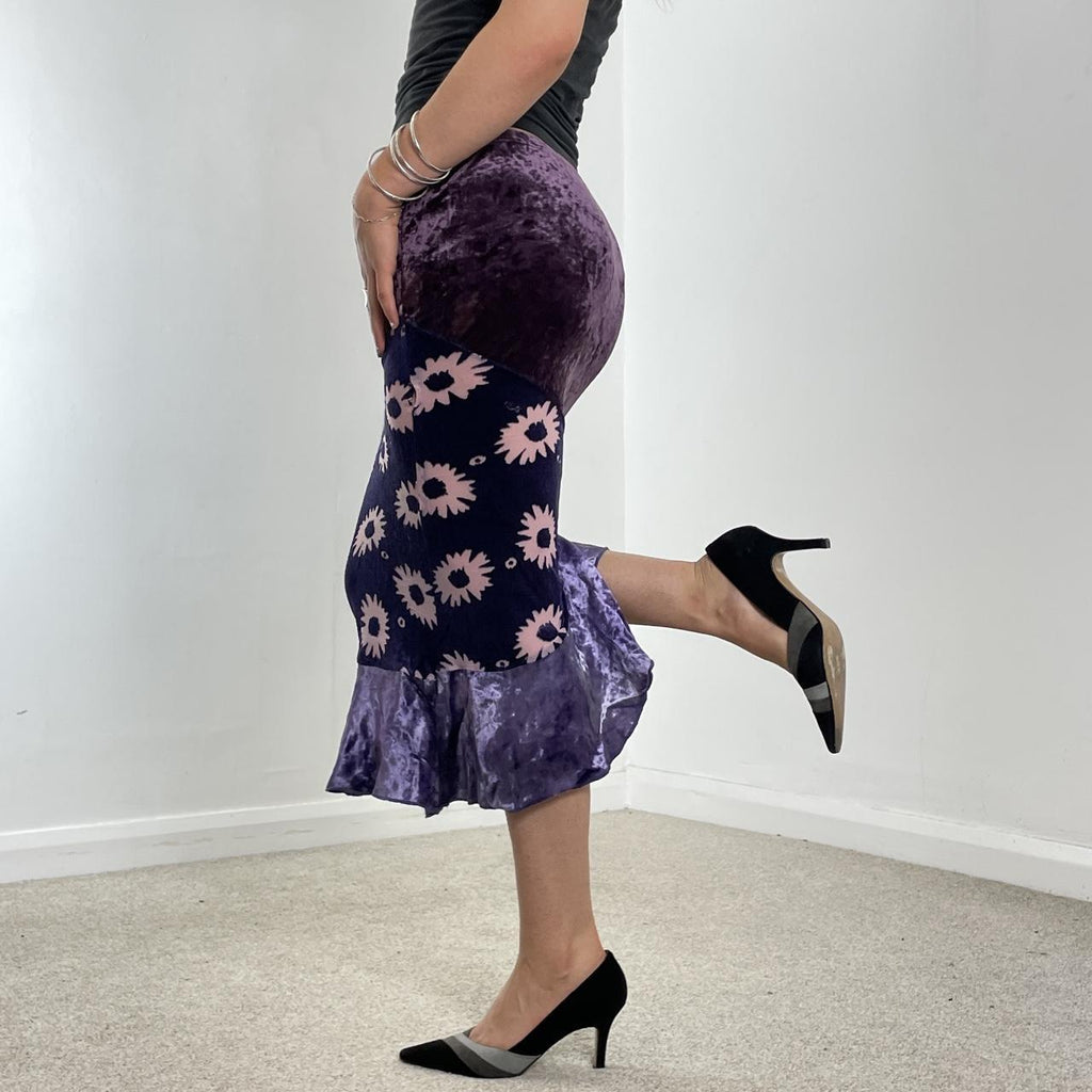 Purple velvet and floral midi skirt