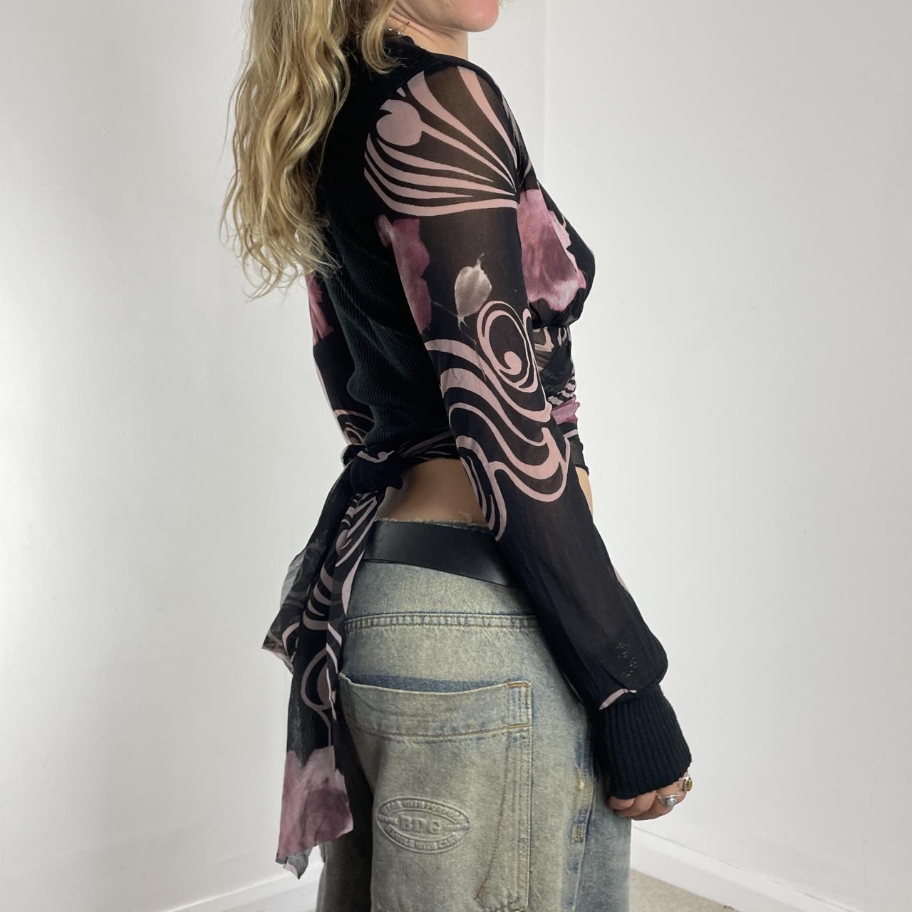Graphic long-sleeve mesh tie-up top