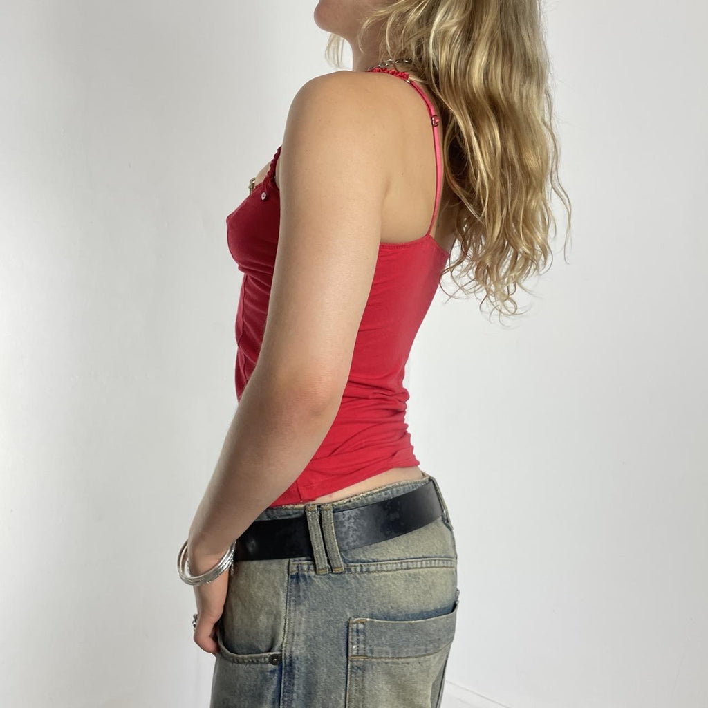 Red Y2K cami top with buttons and frills