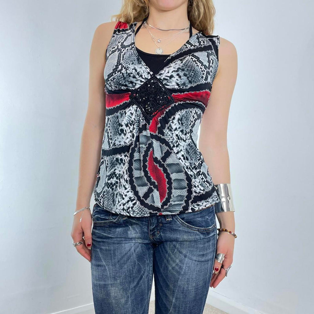 Vintage black and red snake print multi-layered halterneck top