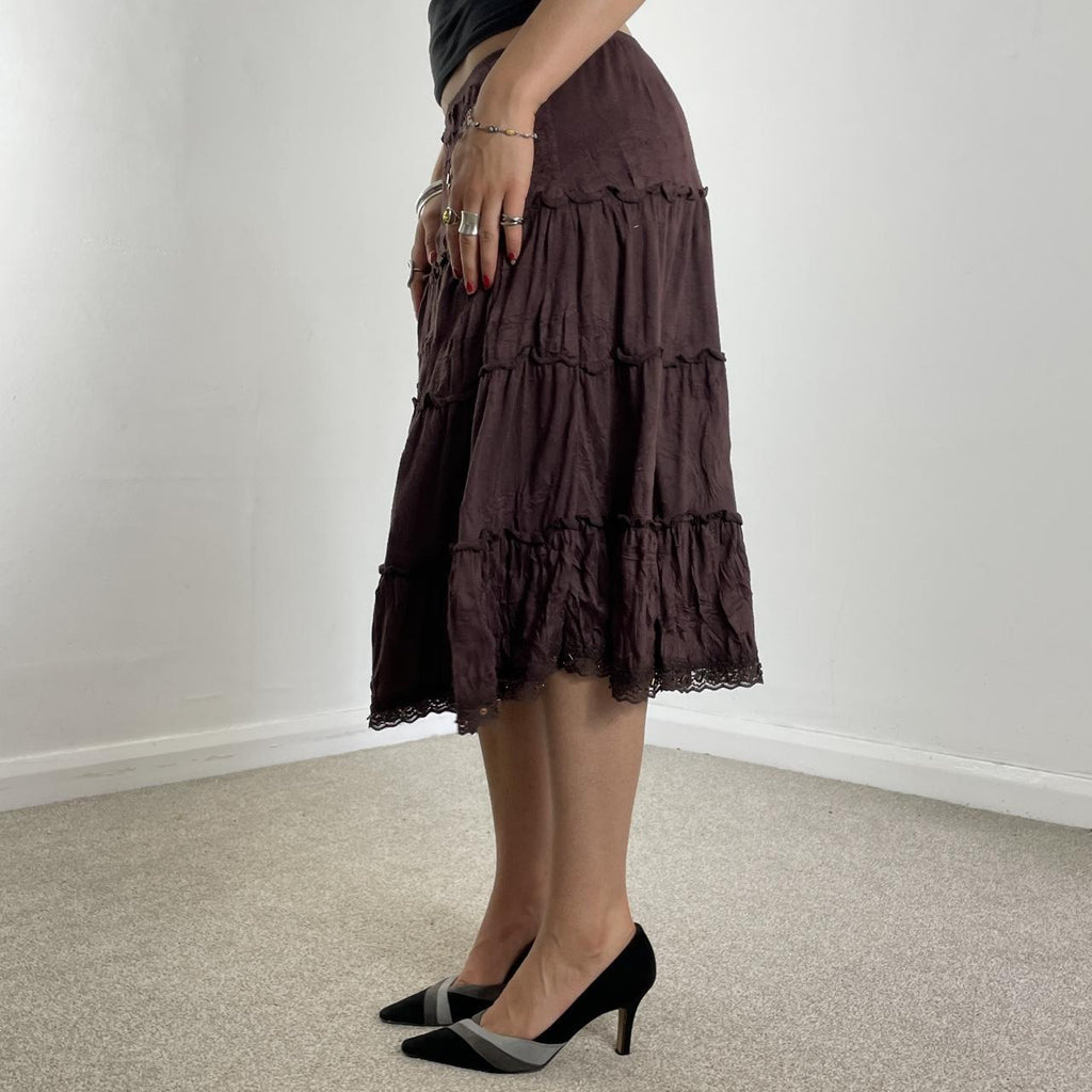 00's brown teird midi skirt with lace trimming