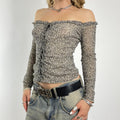 Fitted mesh ruffled off-the-shoulder leopard print
