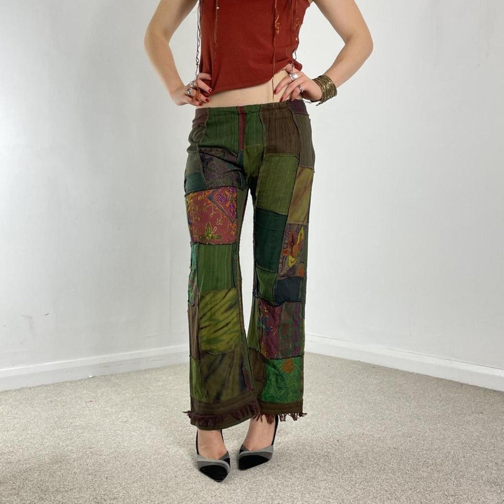 Patchwork low rise flared bohemian trousers