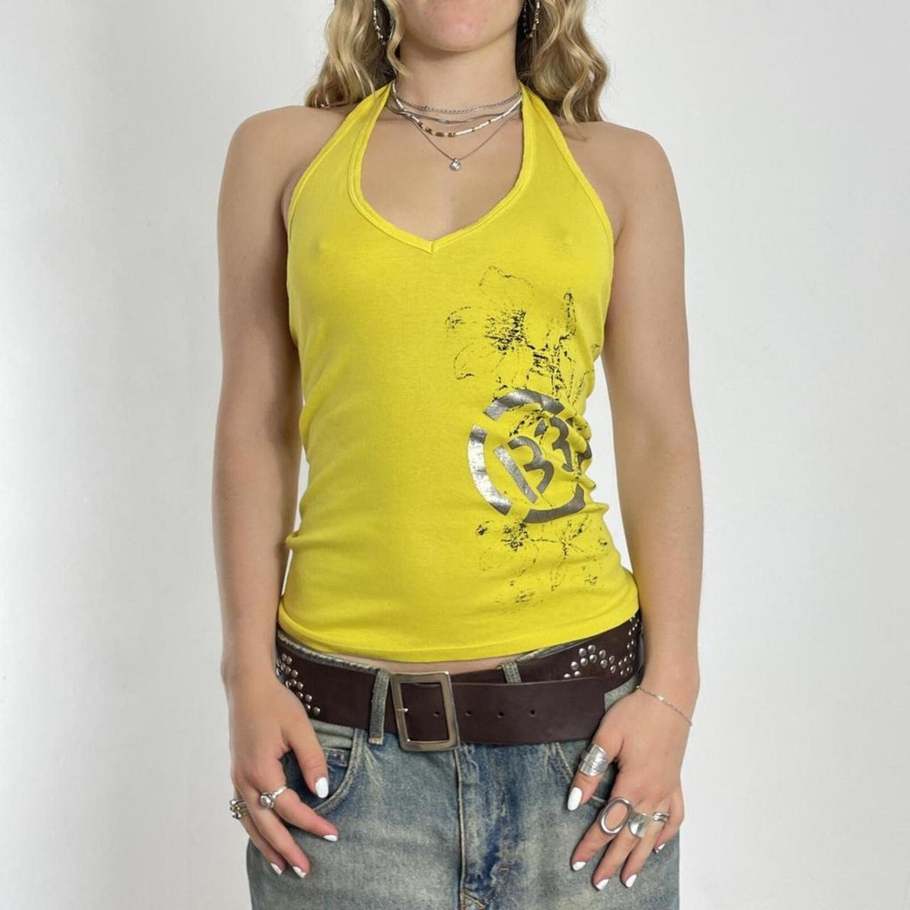Y2K graphic yellow ribbed halterneck top