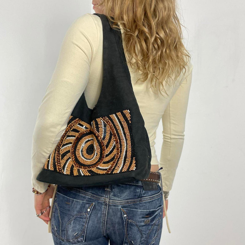 Bohemian deep brown slouch beaded bag