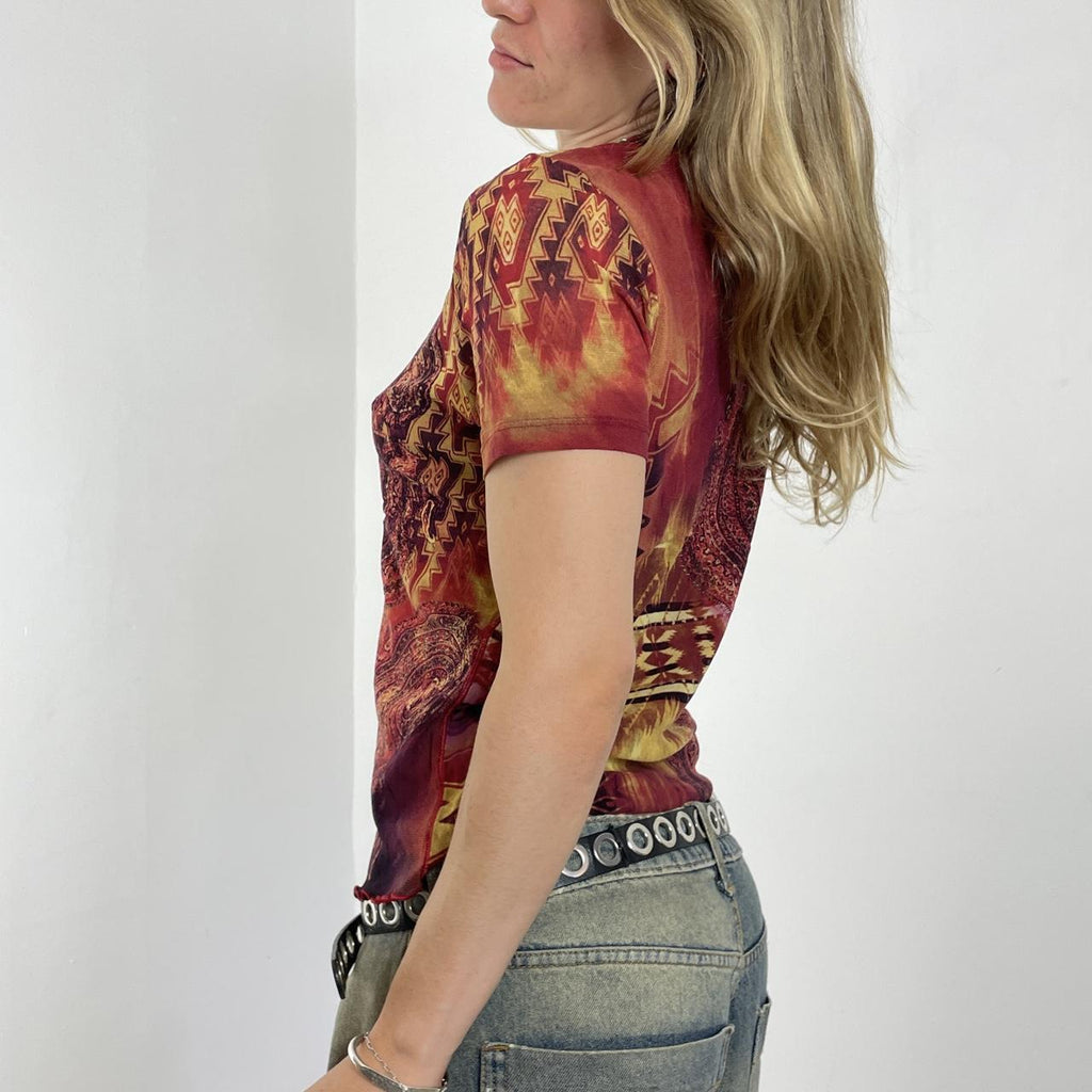Mesh vintage red and multi coloured short sleeve top