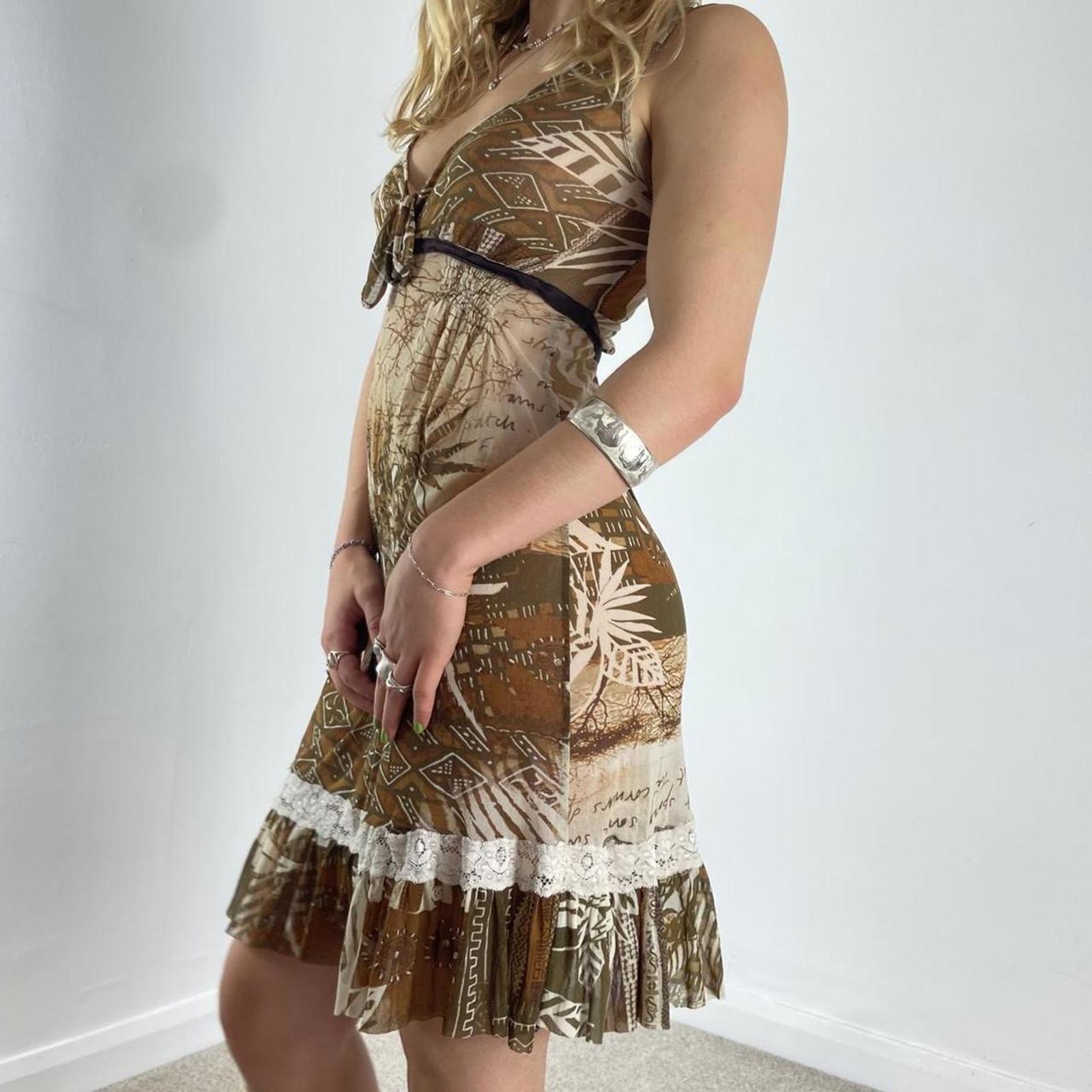 Bohemian midi multi patterened brown dress with a plunge neckline