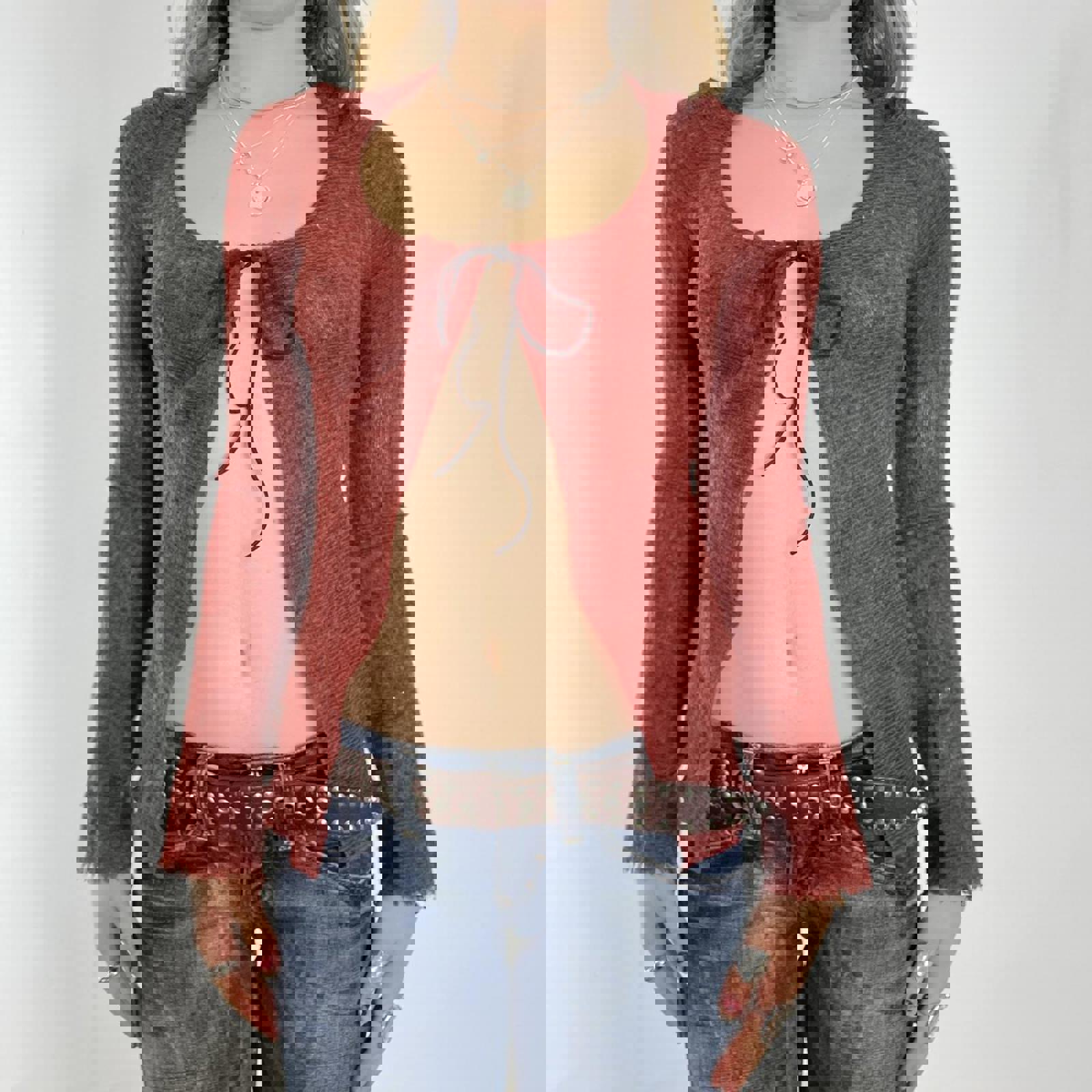 00's burnt orange long sleeve cardigan tie up top