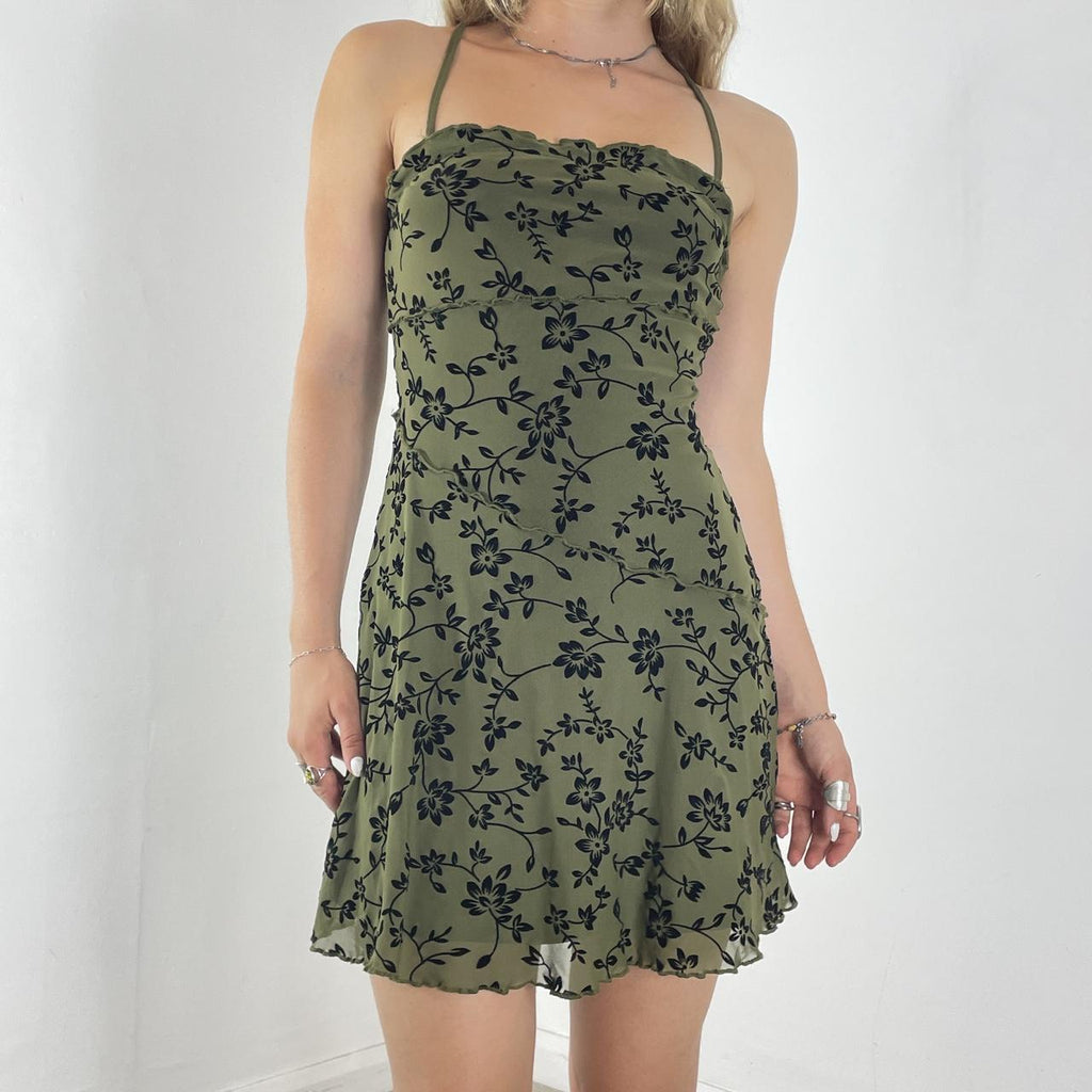 Mesh forest green and black pleated mini dress