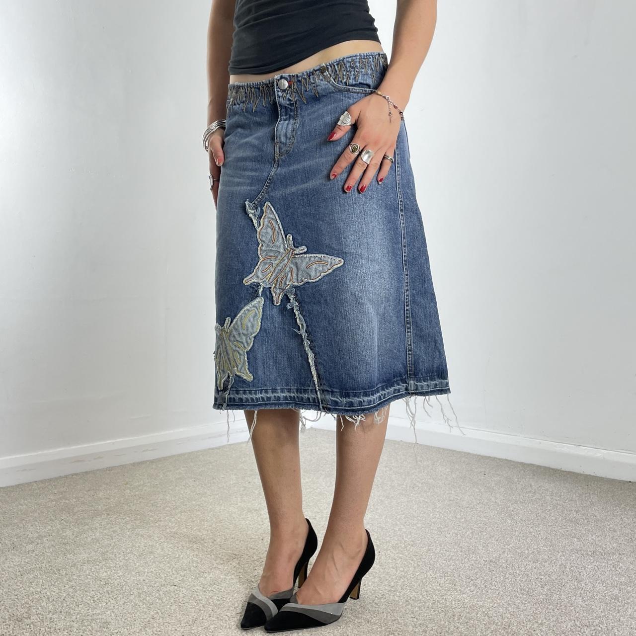 Vintage denim midi embroided butterfly raw hem skirt