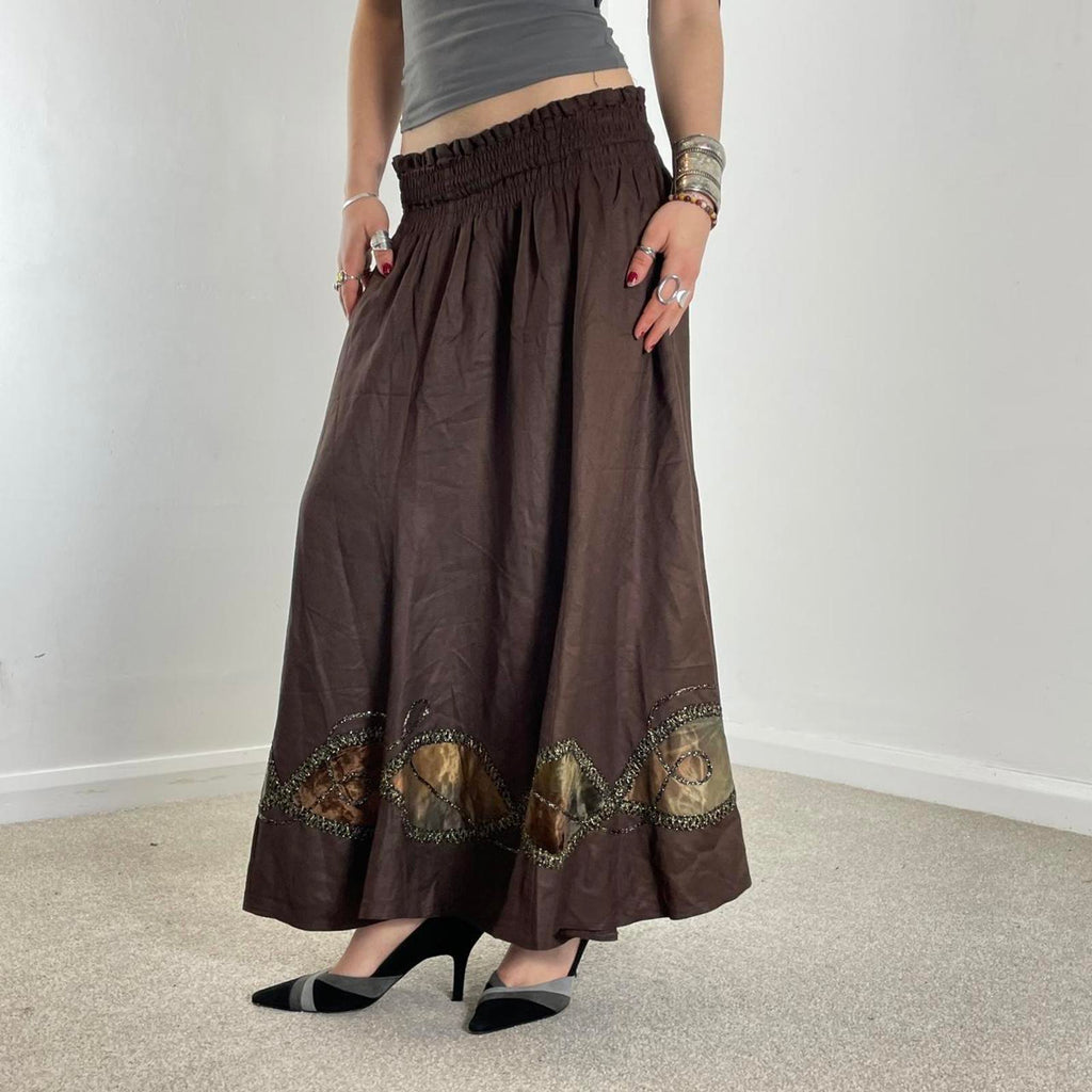 Vintage brown full length maxi skirt with embelished and embroided details across the hem