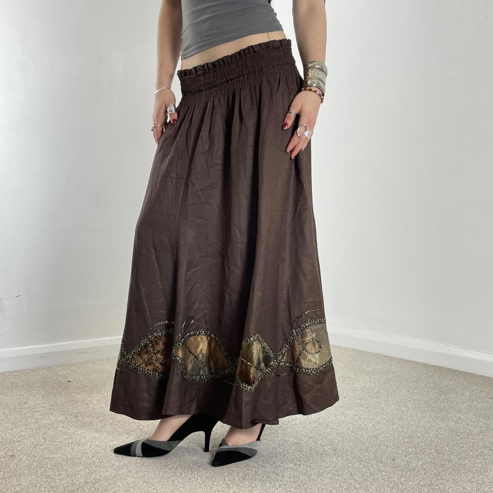Vintage brown full length maxi skirt with embelished and embroided details across the hem
