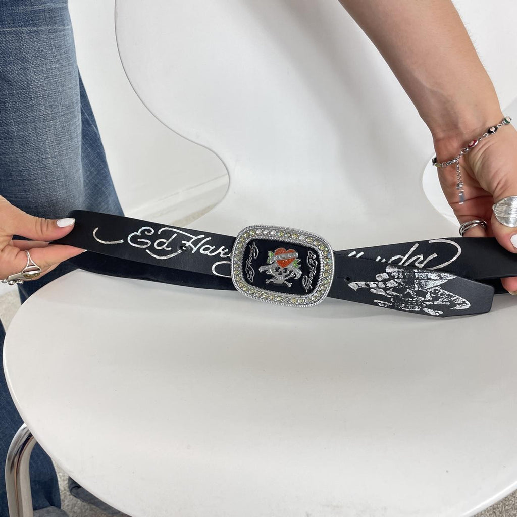 Ed hardy plated leather belt with silver words