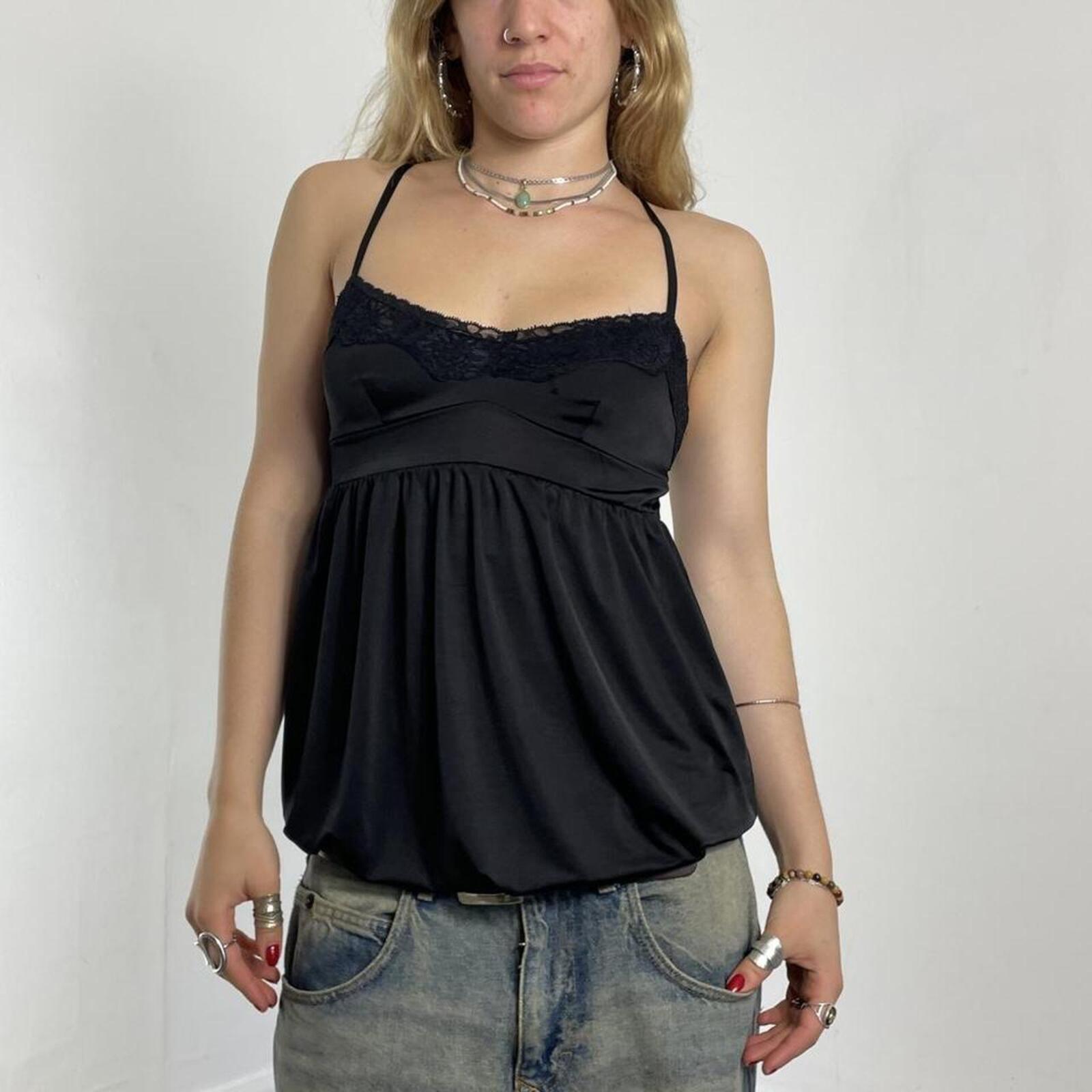 Black flared balloned cami top with lace trimmings