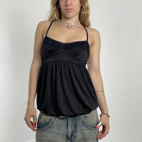 Black flared balloned cami top with lace trimmings