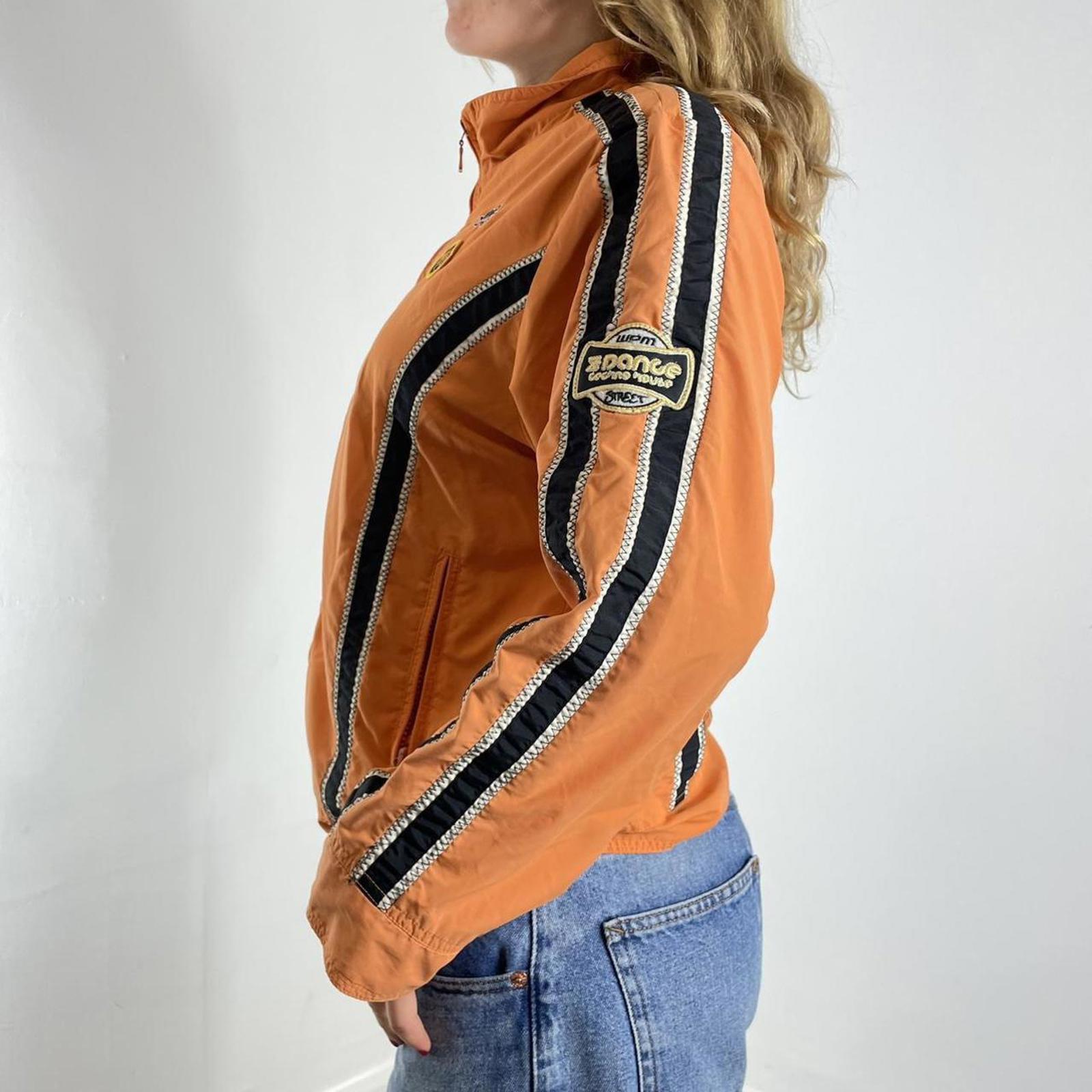 Orange racer windbreaker jacket with graphic detailing