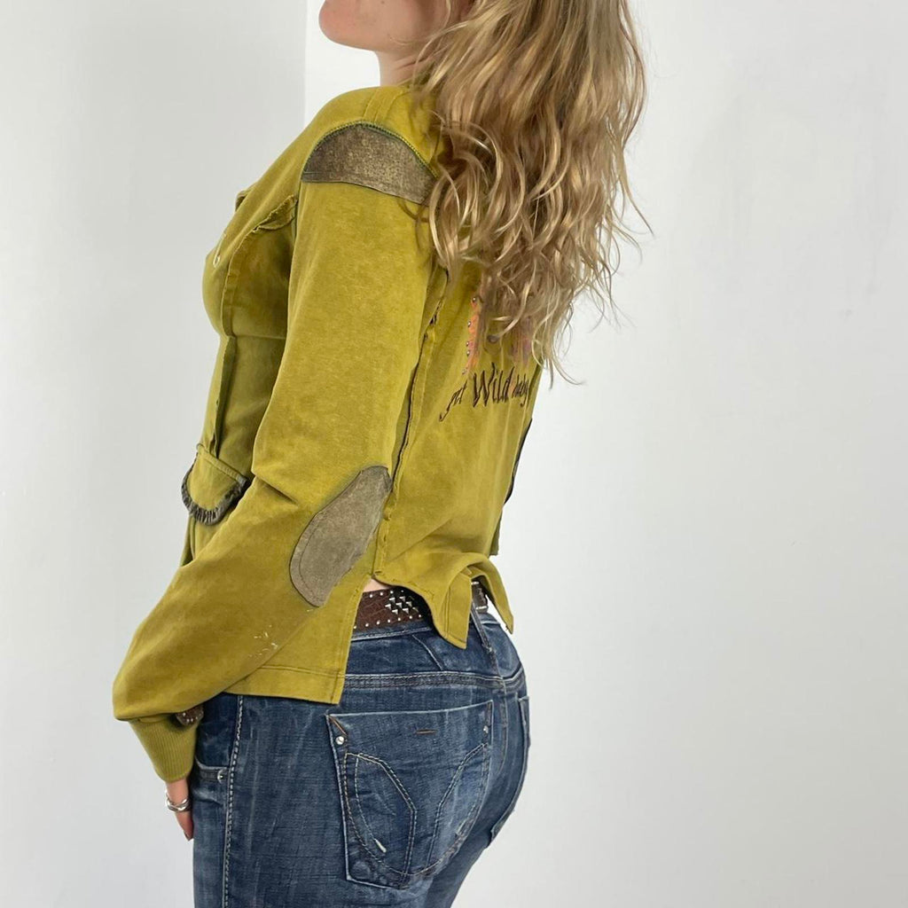 Vintage green avant garde zip up jacket with embroided details on the back and pockets.