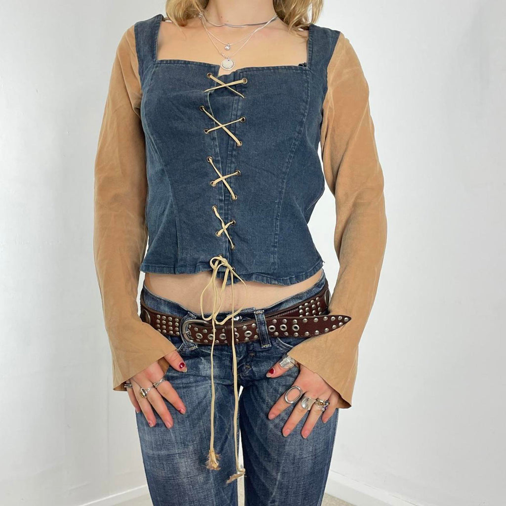 Denim and suede mustard long sleeve tie up top