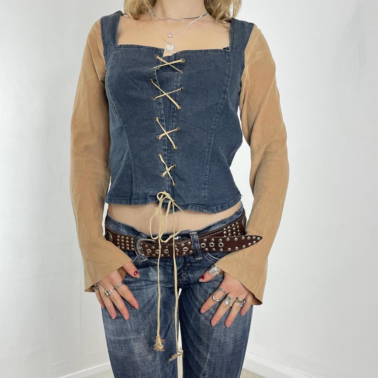 Denim and suede mustard long sleeve tie up top