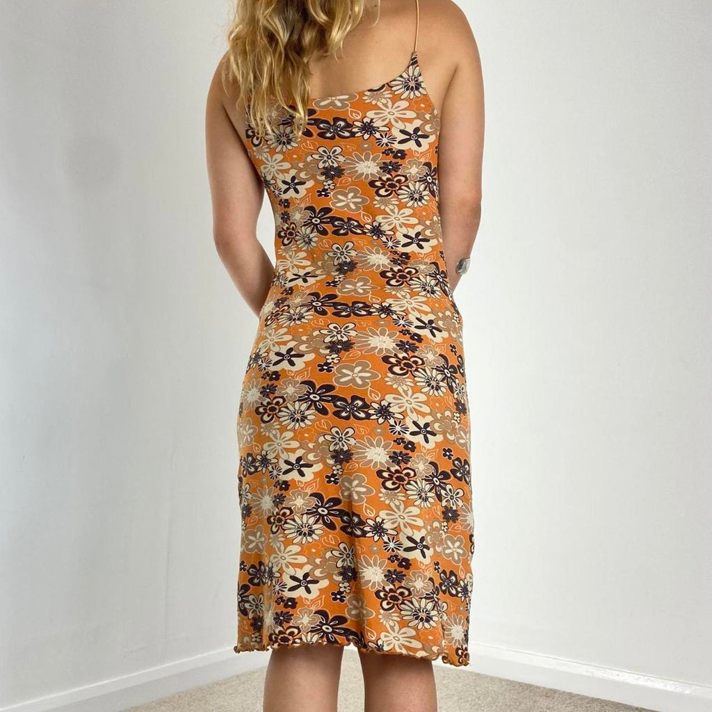 vintage floral patterned orange maxi dress - stretchy material