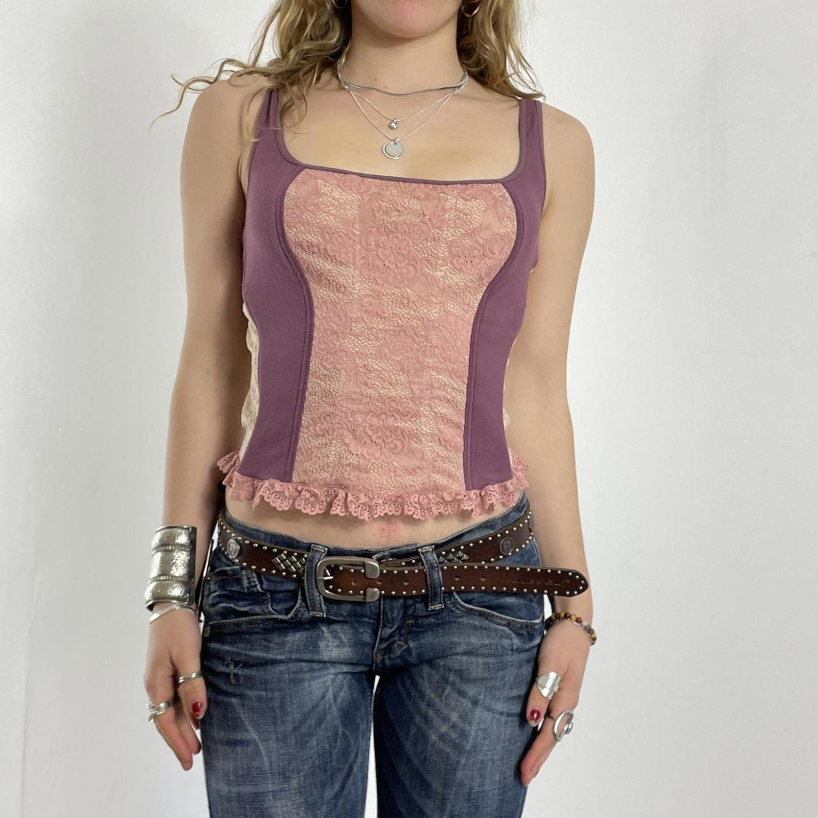 Vintage pink and purple corset top with frills at the bottom