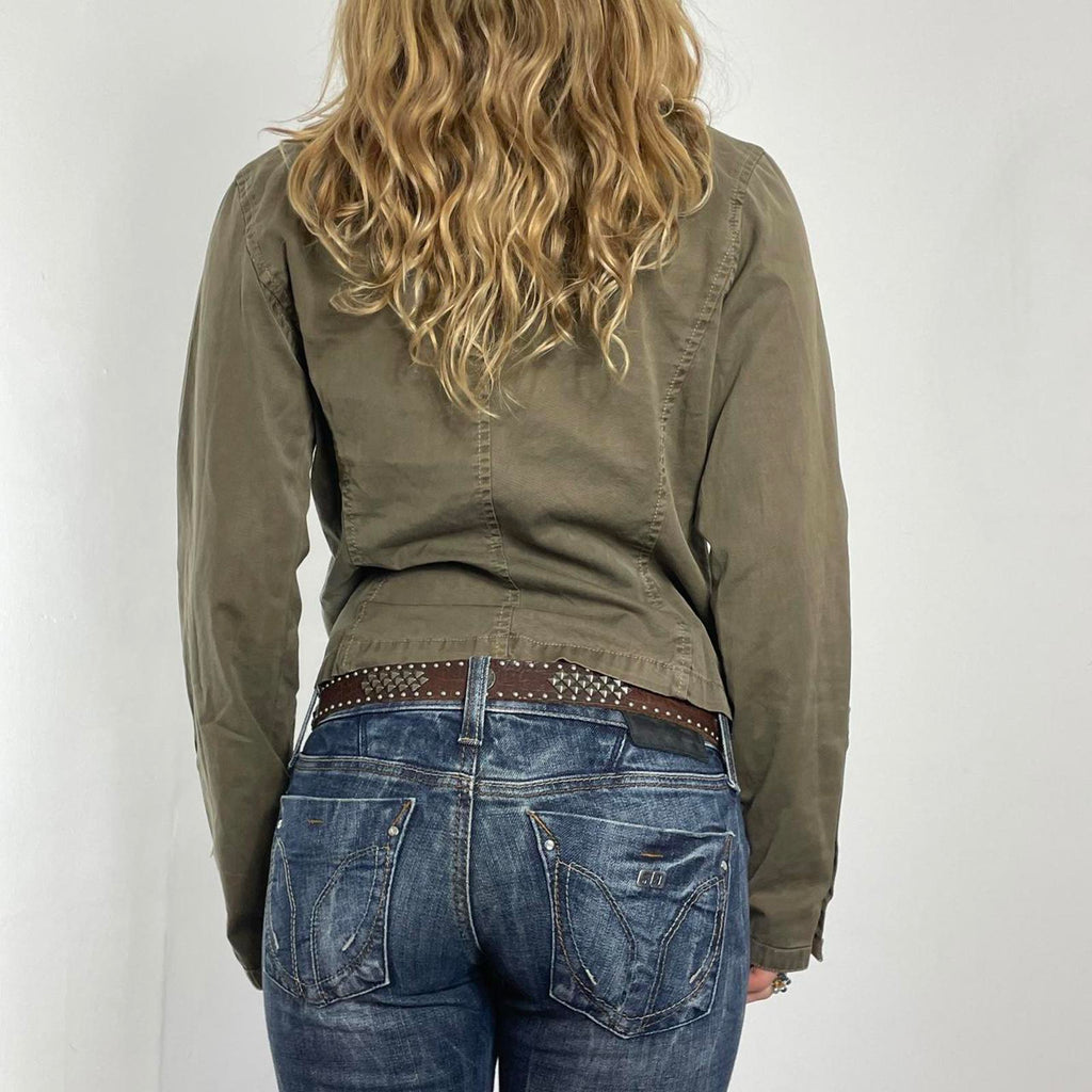 Khaki green embellished button up jacket