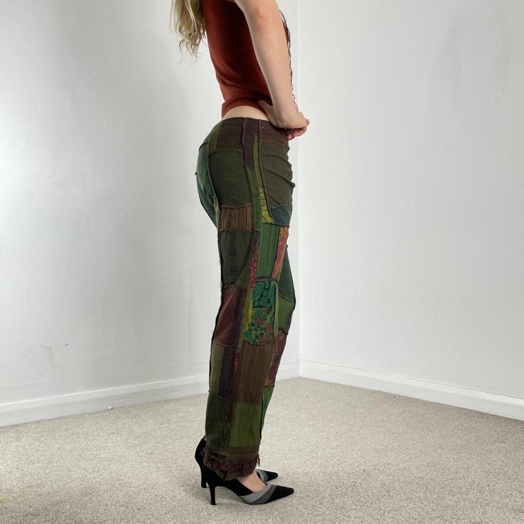 Patchwork low rise flared bohemian trousers