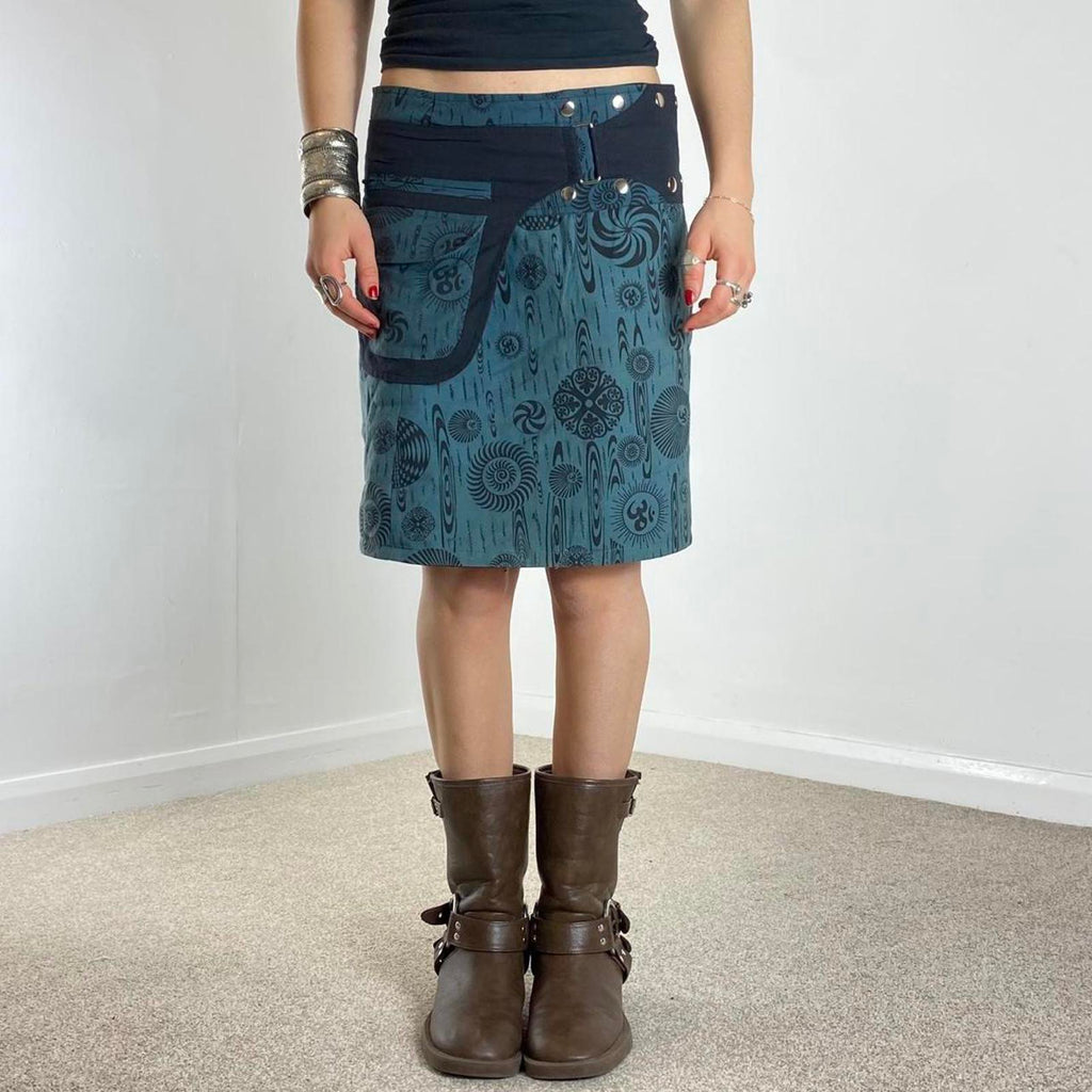 Y2K blue patterend wrap popper midi skirt, with utiltiy pockets