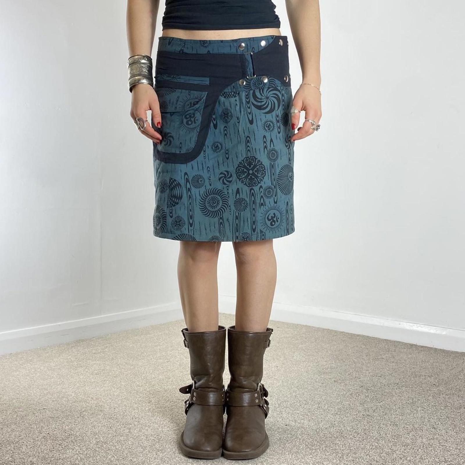 Y2K blue patterend wrap popper midi skirt, with utiltiy pockets