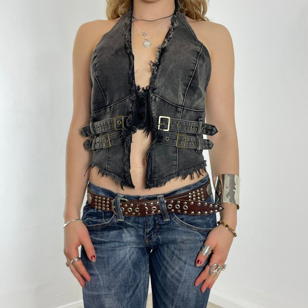 Grunge vintage halter neck raw hem waistcoat, with buckles and buttons in the middle